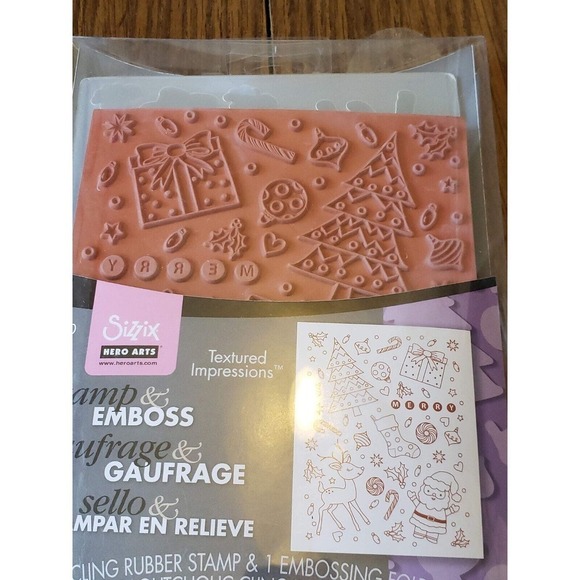 Sizzix / Hero Arts Stamp & Emboss Textured Background Merry Christmas Set - Picture 4 of 5